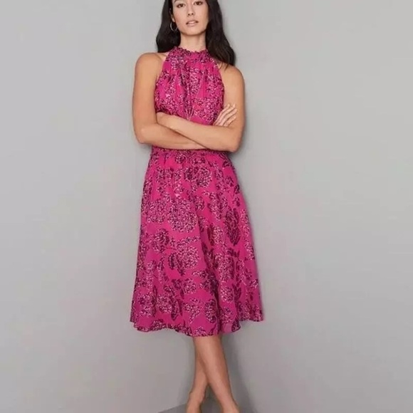 NWT Merien Hall sz 14 Pink Pattern Smocked Waist Sleeveless Halter Dress NEW - Picture 3 of 17